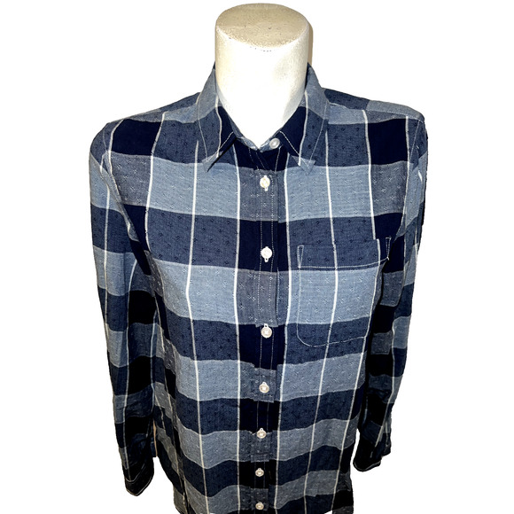 LANDS' END Top Women's Size S/T 6-8 Navy Blue Plaid Textured Roll Tab Slv Shirt - Picture 4 of 8